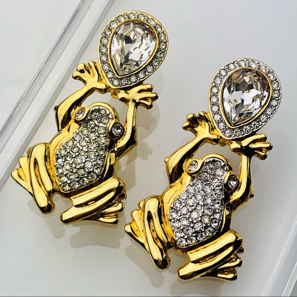 💥🎊🎉HOST PICK 💥🎊🎉 RARE VTG 80s VALENTINO CRYSTAL FROG EARRINGS - Picture 9 of 12